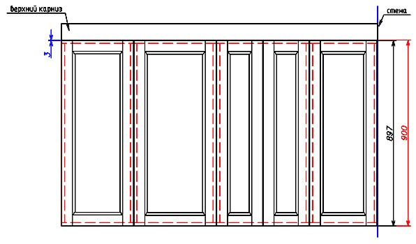 расчет размеров кухонного фасада, если у корпуса предусмотрен карниз