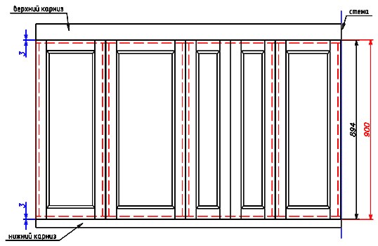 расчет размеров кухонного фасада, если у корпуса предусмотрены два карниза